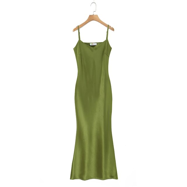 Spaghetti Strap V-Neck Plain Satin Maxi Mermaid Dress