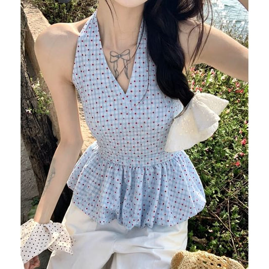 Halter V-Neck Dotted Bubble Hem Tank Top