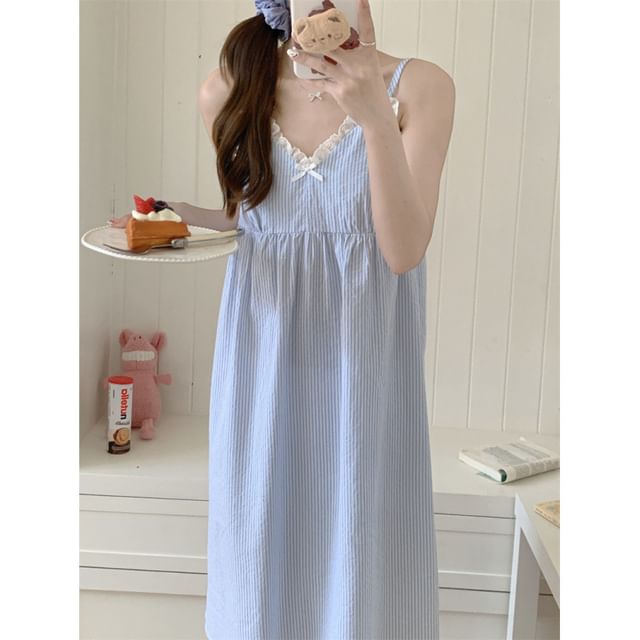 Couple Matching Spaghetti Strap V-Neck Striped Lace Trim Pajama Dress / Elbow-Sleeve Lapel Collar Button-Up Top / Camisole Top / Shorts / Pants / Set (Various Designs)