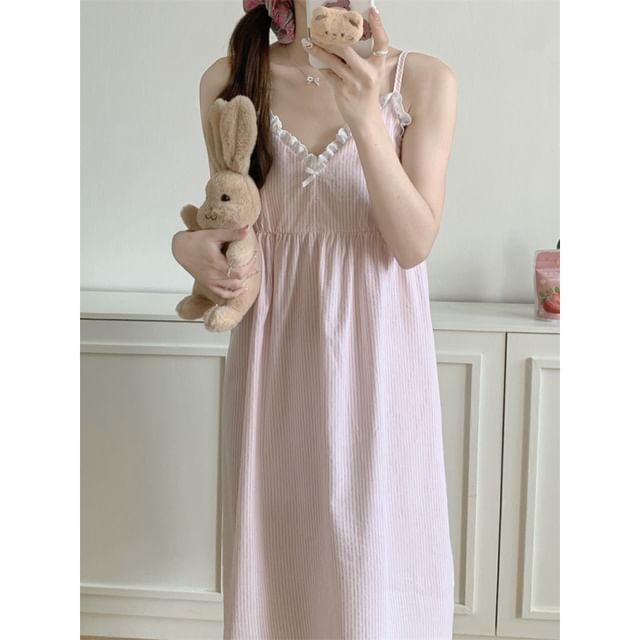 Couple Matching Spaghetti Strap V-Neck Striped Lace Trim Pajama Dress / Elbow-Sleeve Lapel Collar Button-Up Top / Camisole Top / Shorts / Pants / Set (Various Designs)