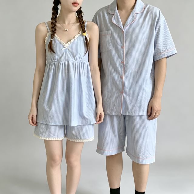 Couple Matching Spaghetti Strap V-Neck Striped Lace Trim Pajama Dress / Elbow-Sleeve Lapel Collar Button-Up Top / Camisole Top / Shorts / Pants / Set (Various Designs)