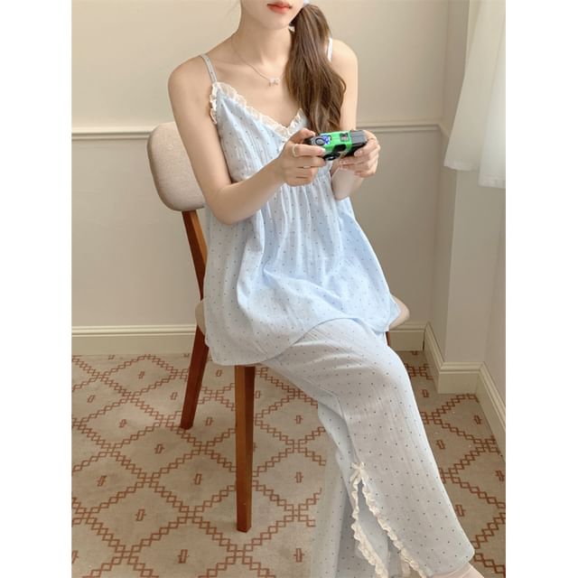 Couple Matching Elbow-Sleeve Lapel Collar Micro Dot Button-Up Pajama Top / V-Neck Lace Trim Camisole Top / Shorts / Pants / Set (Various Designs)