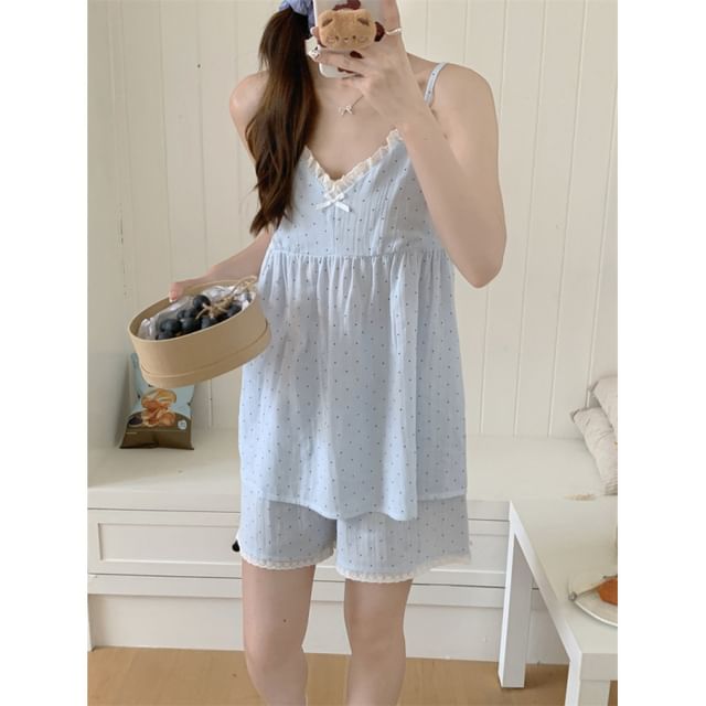 Couple Matching Elbow-Sleeve Lapel Collar Micro Dot Button-Up Pajama Top / V-Neck Lace Trim Camisole Top / Shorts / Pants / Set (Various Designs)