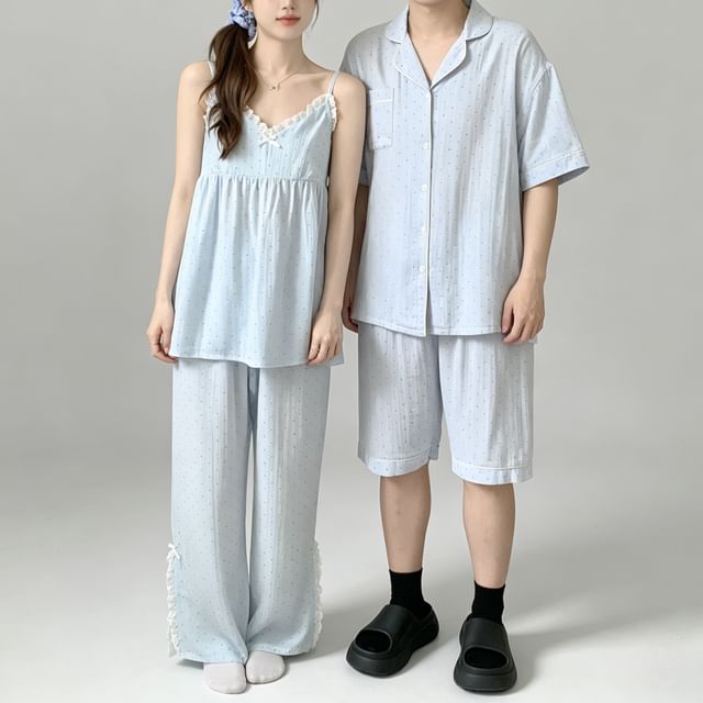 Couple Matching Elbow-Sleeve Lapel Collar Micro Dot Button-Up Pajama Top / V-Neck Lace Trim Camisole Top / Shorts / Pants / Set (Various Designs)