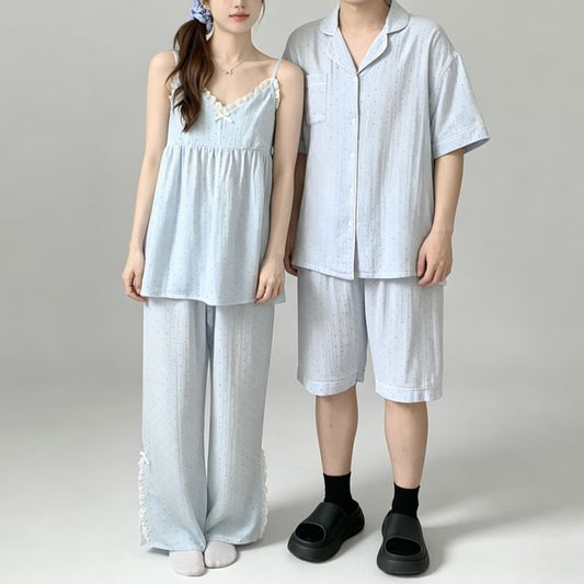 Couple Matching Elbow-Sleeve Lapel Collar Micro Dot Button-Up Pajama Top / V-Neck Lace Trim Camisole Top / Shorts / Pants / Set (Various Designs)