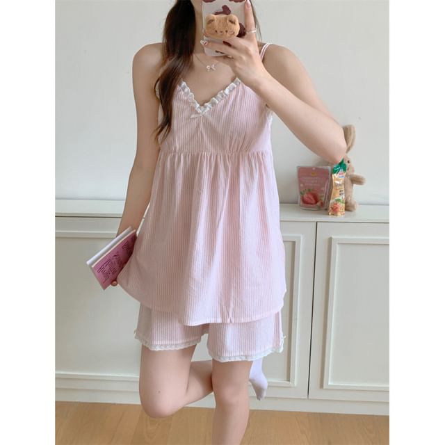 Couple Matching Spaghetti Strap V-Neck Striped Lace Trim Pajama Dress / Elbow-Sleeve Lapel Collar Button-Up Top / Camisole Top / Shorts / Pants / Set (Various Designs)