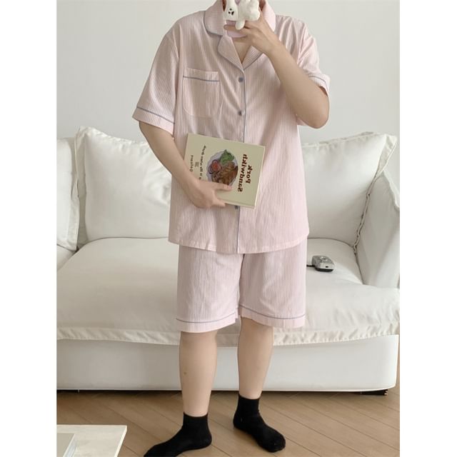 Couple Matching Spaghetti Strap V-Neck Striped Lace Trim Pajama Dress / Elbow-Sleeve Lapel Collar Button-Up Top / Camisole Top / Shorts / Pants / Set (Various Designs)