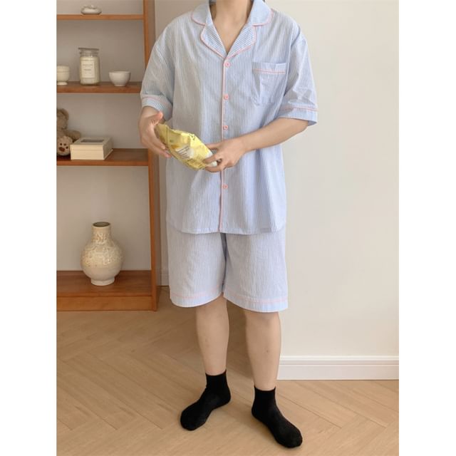 Couple Matching Spaghetti Strap V-Neck Striped Lace Trim Pajama Dress / Elbow-Sleeve Lapel Collar Button-Up Top / Camisole Top / Shorts / Pants / Set (Various Designs)