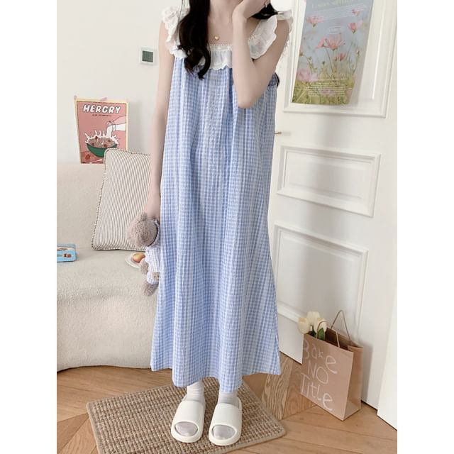 Sleeveless Square Neck Gingham Lace Trim Midi Pajama Dress / Top / Shorts / Set