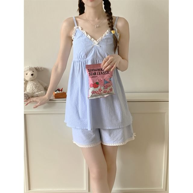 Couple Matching Spaghetti Strap V-Neck Striped Lace Trim Pajama Dress / Elbow-Sleeve Lapel Collar Button-Up Top / Camisole Top / Shorts / Pants / Set (Various Designs)