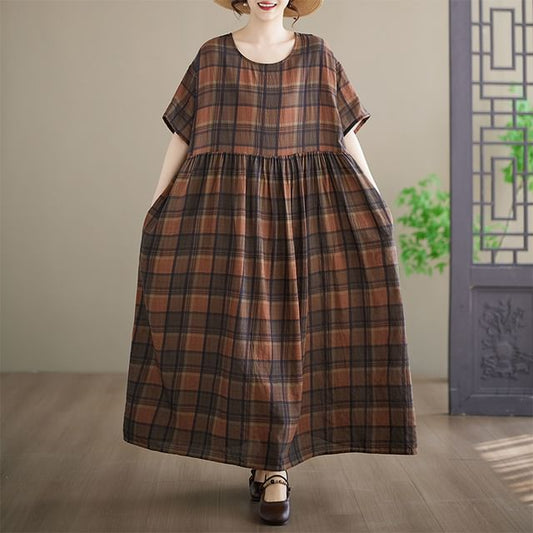 Short-Sleeve Round Neck Plaid Maxi Smock Dress