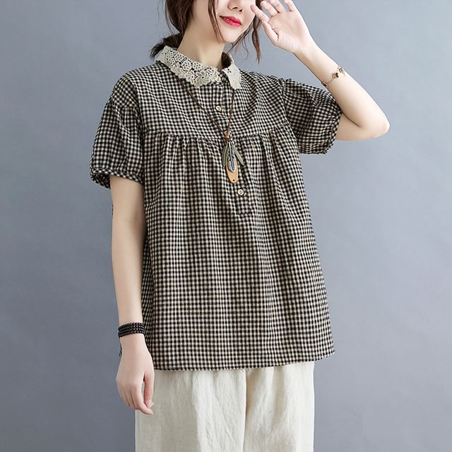 Short-Sleeve Henley Gingham Lace Trim Shirt