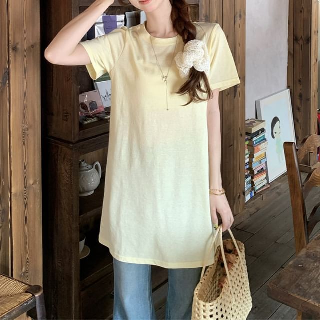 Short-Sleeve Crew Neck Plain T-Shirt / Spaghetti Strap Scoop Neck Plain Midi A-Line Dress