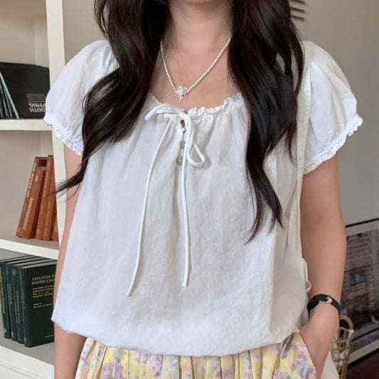 Frilled Tie-Neck Short-Sleeve Blouse