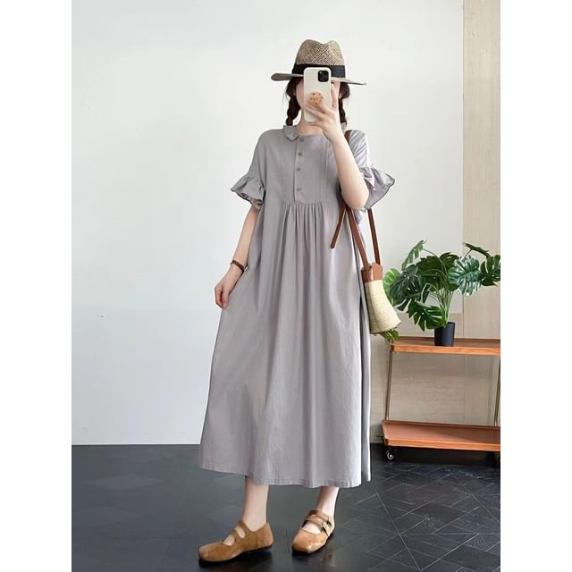 Short-Sleeve Frill Trim Plain Maxi Shift Dress