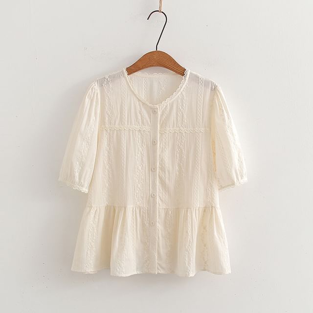 Short-Sleeve U-Neck Plain Crop Blouse