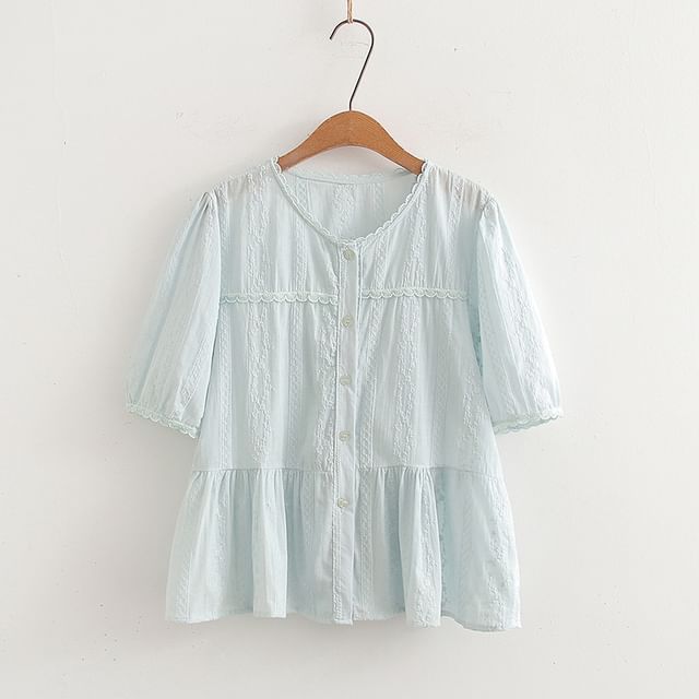 Short-Sleeve U-Neck Plain Crop Blouse