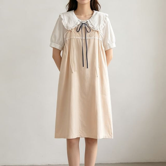 Set: Short-Sleeve Collared Plain Blouse + Spaghetti Strap A-Line Dress