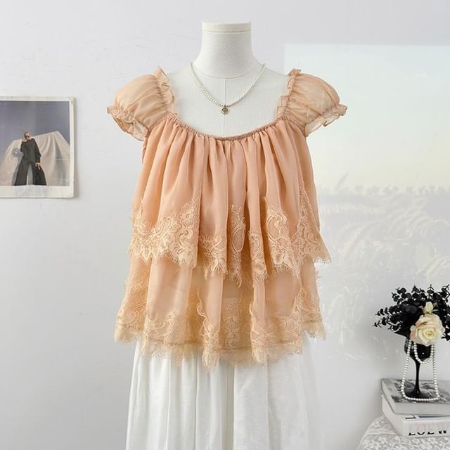 Cap-Sleeve Square Neck Lace Panel Layered Blouse