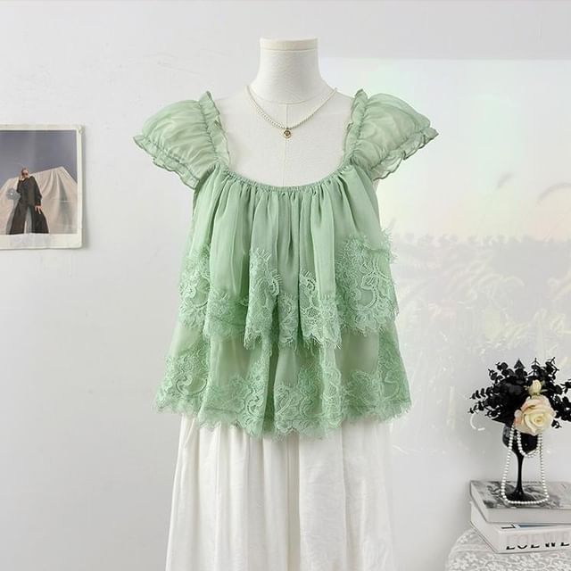 Cap-Sleeve Square Neck Lace Panel Layered Blouse