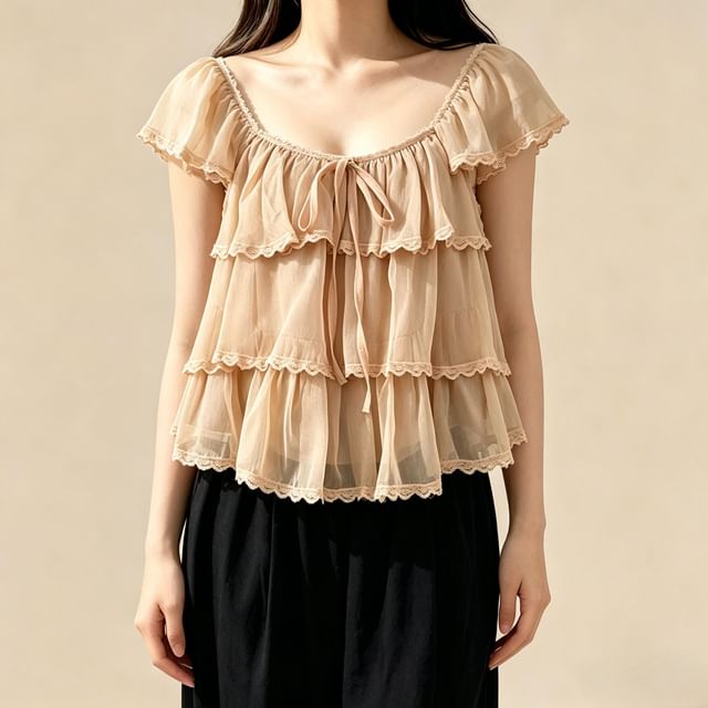 Cap-Sleeve Square Neck Plain Lace Trim Tiered Ruffle Blouse