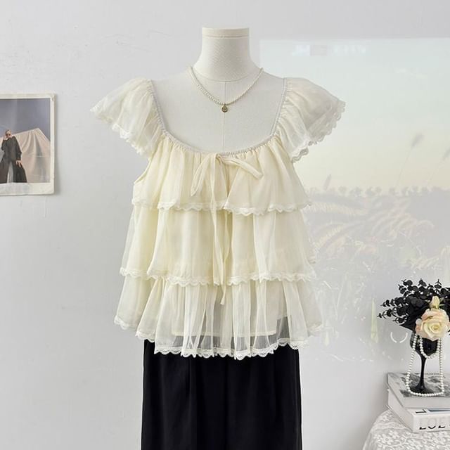 Cap-Sleeve Square Neck Plain Lace Trim Tiered Ruffle Blouse