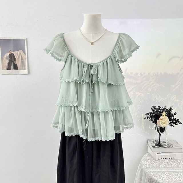 Cap-Sleeve Square Neck Plain Lace Trim Tiered Ruffle Blouse