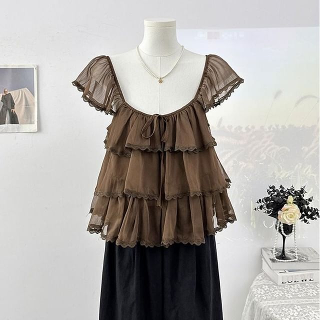 Cap-Sleeve Square Neck Plain Lace Trim Tiered Ruffle Blouse