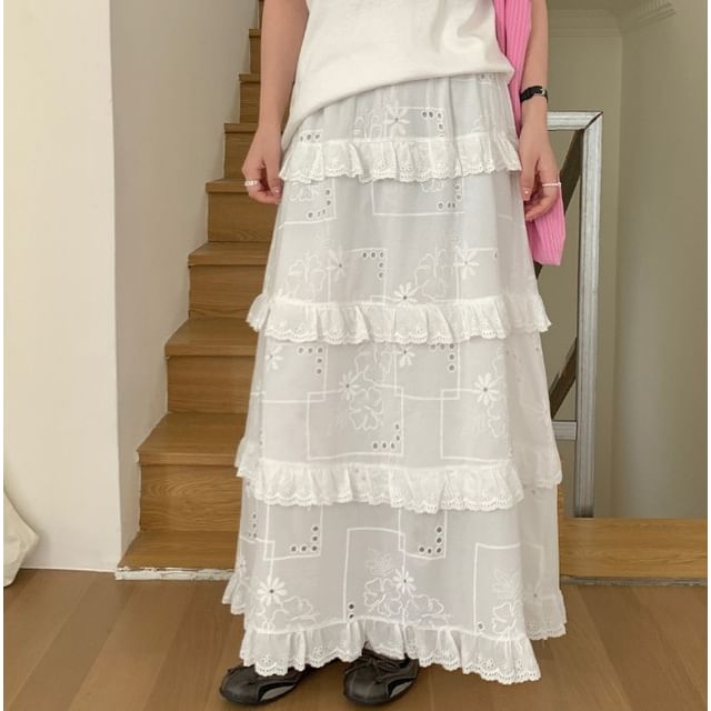 Mid Rise Plain Ruffle Trim Maxi A-Line Skirt