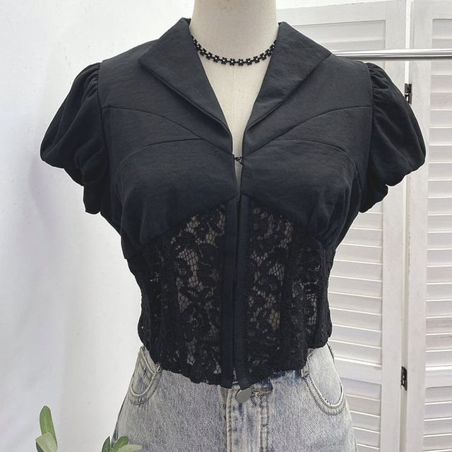 Cap Sleeve Collared Plain Panel Lace Crop Blouse