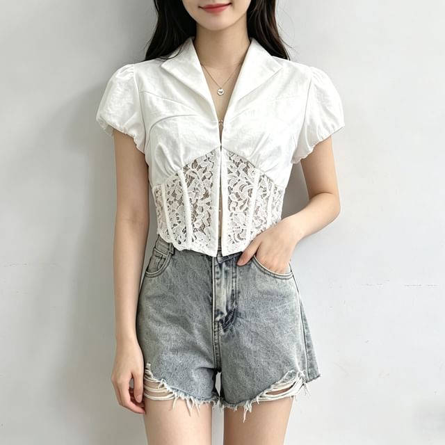 Cap Sleeve Collared Plain Panel Lace Crop Blouse