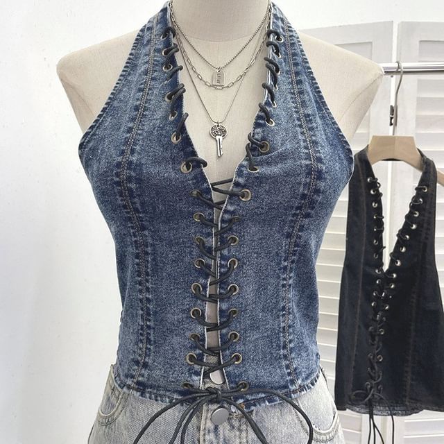 Halter Lace Up Denim Top