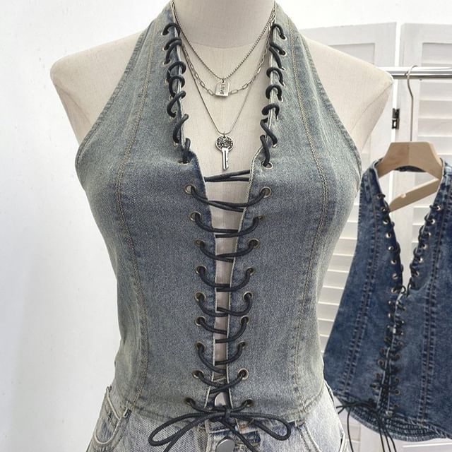 Halter Lace Up Denim Top