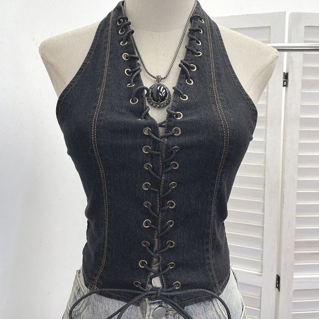 Halter Lace Up Denim Top