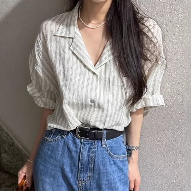Elbow-Sleeve Lapel Collar Striped Button Blouse