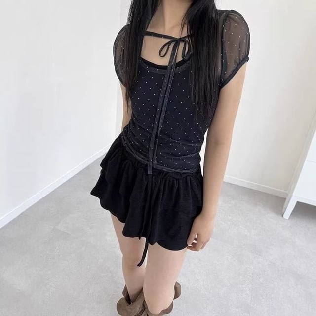 Puff-Sleeve Scoop Neck Tie Front Mesh Top with Dots