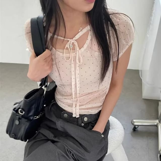 Puff-Sleeve Scoop Neck Tie Front Mesh Top with Dots