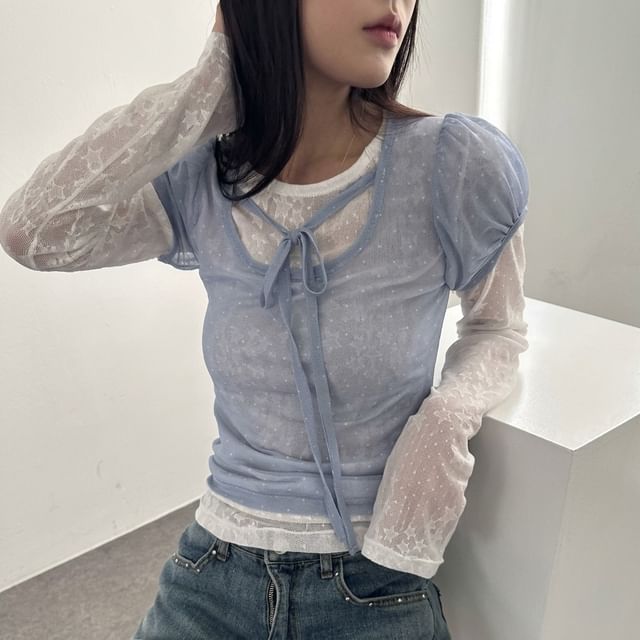 Puff-Sleeve Scoop Neck Tie Front Mesh Top with Dots
