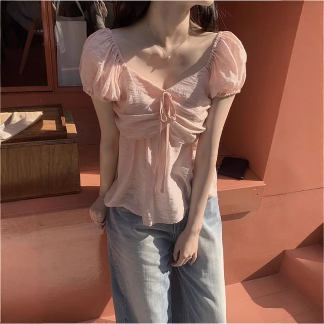 Puff-Sleeve V-Neck Ruched Blouse Plain