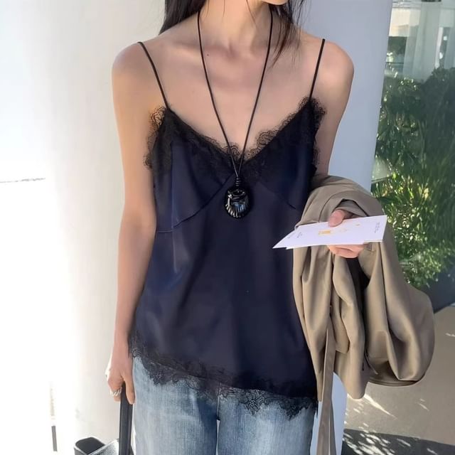 V-Neck Asymmetric Lace Trim Camisole Top