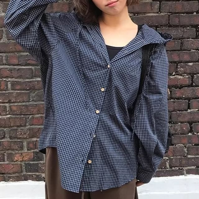 Long-Sleeve Plaid Hooded Button Shirt with Frill Trim