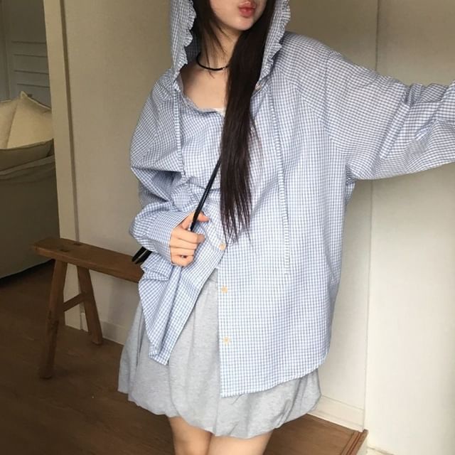 Long-Sleeve Plaid Hooded Button Shirt with Frill Trim