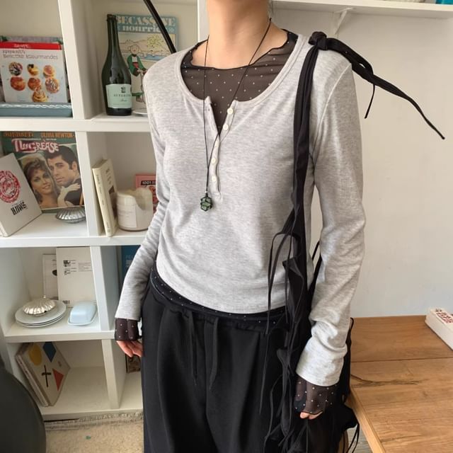 Long-Sleeve Crew Neck Mesh Top with Micro Dot Print
