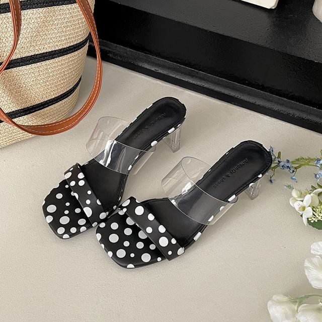 Dotted Faux Leather Clear Strap High Heel Slide Sandals
