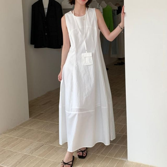 Set: Sleeveless Crew Neck Plain Maxi A-Line Dress + Crossbody Bag