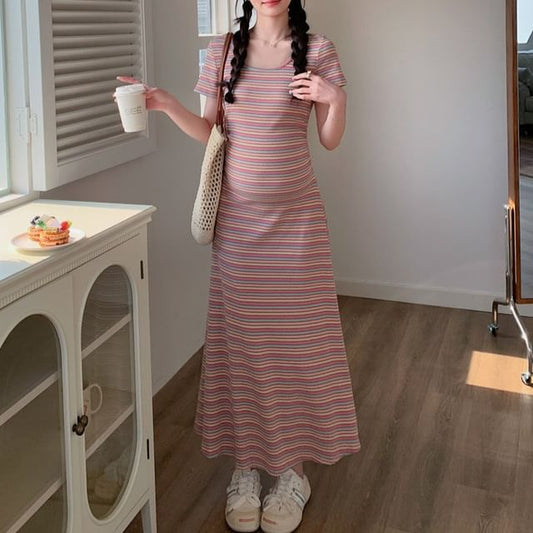 Maternity Short-Sleeve Scoop Neck Multicolor Stripe Maxi T-Shirt Dress