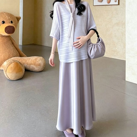 Maternity Elbow-Sleeve Round Neck Striped T-Shirt / Spaghetti Strap Plain Maxi Smock Dress