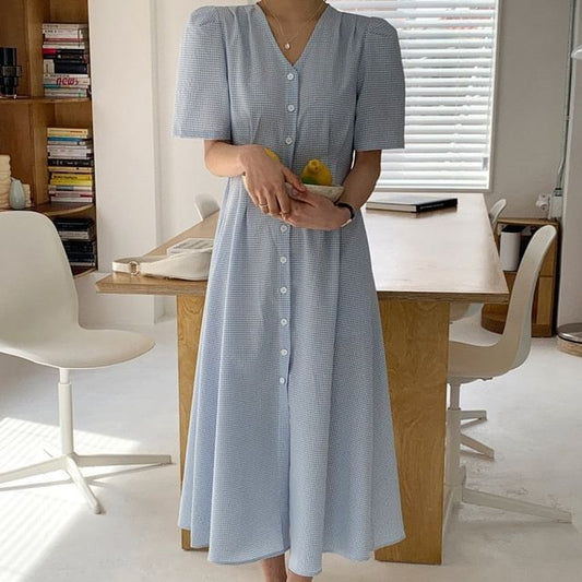 Short-Sleeve V-Neck Gingham Button-Up Maxi Dress