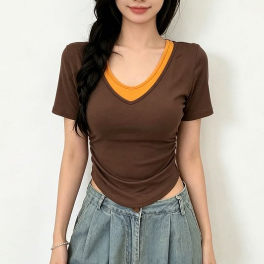 Short-Sleeve V-Neck Two Tone Padded Crop T-Shirt