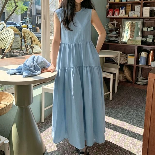 Sleeveless Crew Neck Plain Ruched Maxi A-Line Dress